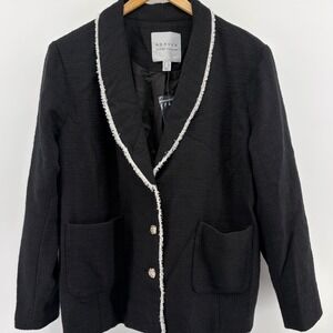 Susan Graver NEW Black Textured Tweed Collar Trim Blazer Jacket Women's Size 22